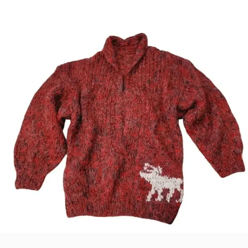 Vintage Hand Knitted Oversized V-neck Wool Knit Reindeer Sweater in Red L/XL
